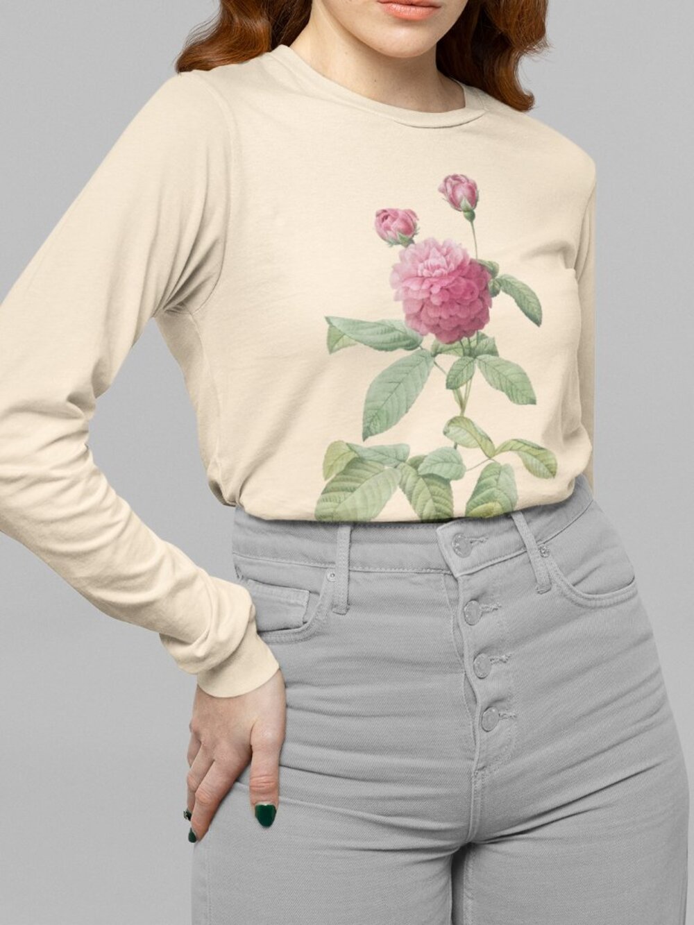 French Rose Vintage Floral Print Long Sleeve Graphic Tee T-shirt S-XXL